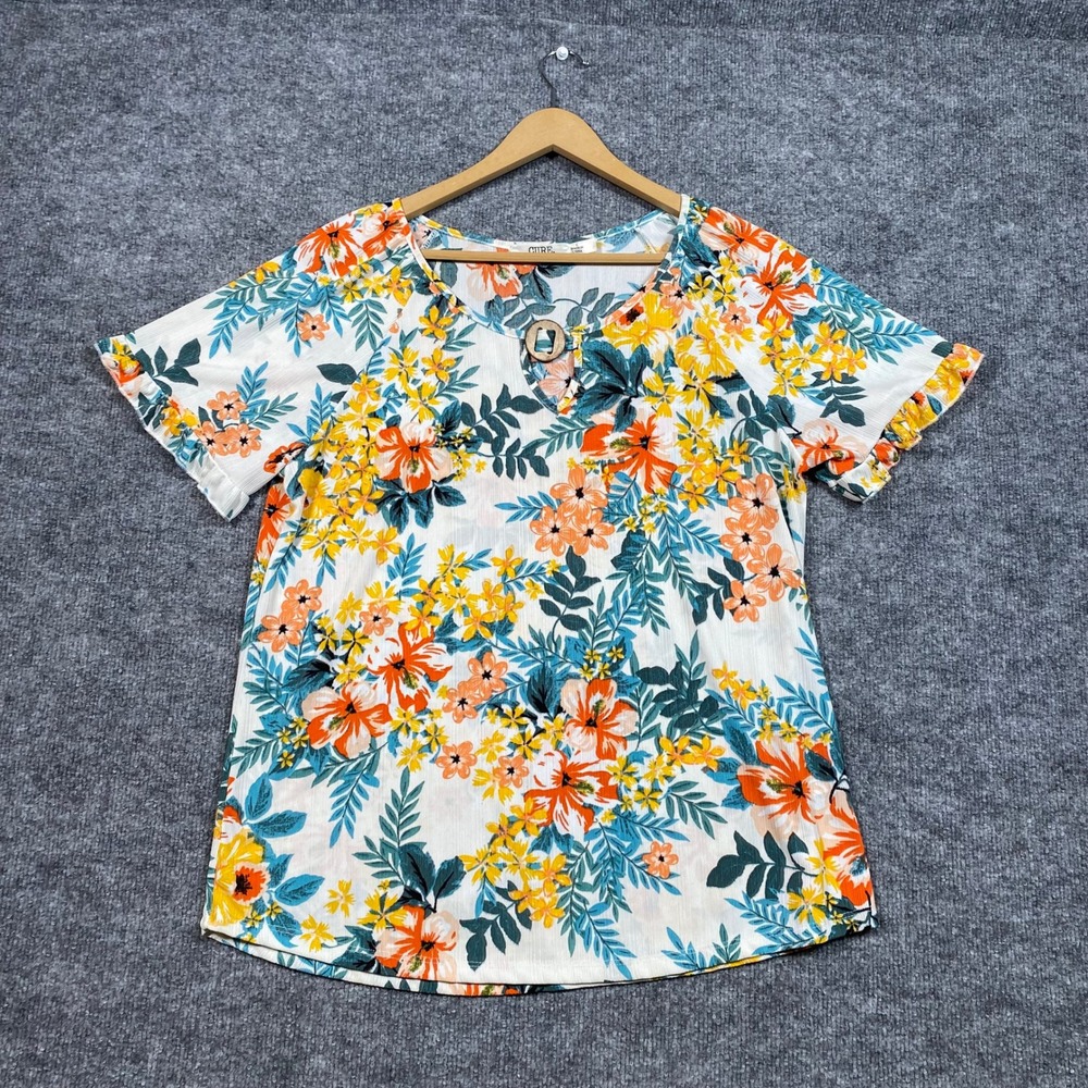 CURE. Womens Large Floral Tropical Ruffle Sleeve Blouse Orange Yellow White Top